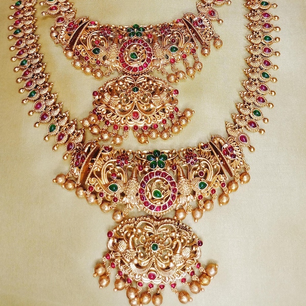 Parure de bijoux en plaqué or du sud de l'Inde / Collier de l'Inde du Sud / Collier ras de cou / Ensemble ras de cou / Bijoux Bollywood / Bijoux indiens / Cadeau de mariée