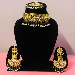 Bollywood Indian Choker Necklace Earrings Maang Tikka Piece Jewelry Bridesmaid Indian Style Jewellery Bridal Wedding Fashion Handmade Set
