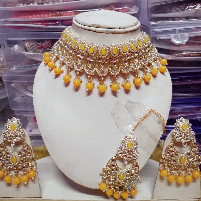 Indischer Schmuck Choker Set/Antike Gold Halskette Ohrstecker Ohrringe Set/Gold Indische Bollywood Halskette Set Schmuck/indische Halskette Set Bild 1