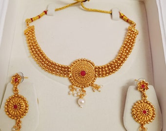 Conjunto de joyas chapadas en oro del templo /Collar del sur de la India / Collar de gargantilla / Conjunto de gargantillas / Vintage / Joyería de Bollywood / Joyería india / Regalos