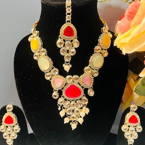 Conjunto de gargantilla Kundan/gargantilla con pendientes/maangtika/kundan jhumka/collar kundan/gargantilla/gargantillas/conjunto de gargantilla para mujer/gargantilla de novia