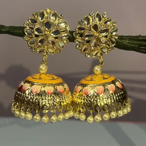 Jhumka Kundan earrings/statement Indian dangles/wedding jewelry/cultural accessory/traditional anniversary/multi-stone handmade Christmas