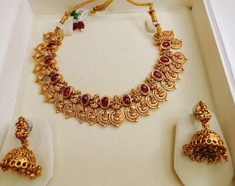 Temple Gold Plated Jewellery Set /South Indian Necklace / Choker Necklace / Choker Set/ Vintage / Bollywood Jewelry/ Indian Jewelry/ Gifts