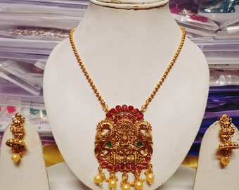 Conjunto de joyas chapadas en oro del sur de la India / Collar del sur de la India / Collar de cadena / Conjunto de templos / Joyería de Bollywood / Joyería india / Regalo nupcial