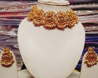 Tempel vergulde sieraden set/Zuid-Indiase ketting/choker ketting/choker set/vintage/Bollywood sieraden/Indiase sieraden/geschenken