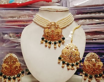 Jadau Gold Pearl Choker Necklace Set/Gold white Indian Necklace Set/Bollywood Punjabi Indian Jewellery/Muslim Necklace