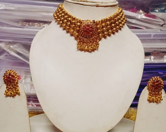 Conjunto de joyas chapadas en oro del templo /Collar del sur de la India / Collar de gargantilla / Conjunto de gargantillas / Vintage / Joyería de Bollywood / Joyería india / Regalos