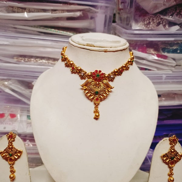 Antique Gold Plated Choker Necklace & Drop Earring Indian Jewelry Set | South Indian Temple Jewelry | Wedding Gift For Her