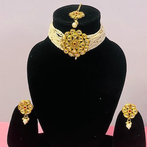Conjunto de gargantilla Kundan/gargantilla con pendientes/maangtika/kundan jhumka/collar kundan/gargantilla/gargantillas/conjunto de gargantilla para mujer/gargantilla de novia