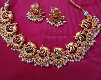 South Indian Gold Plated Jewellery Set /South Indian Necklace / Choker Necklace / Choker Set/ Bollywood Jewelry/ Indian Jewelry/ Bridal Gift