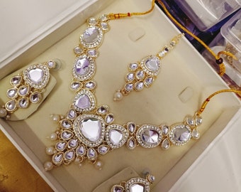 Vergoldete Silber Polki Halskette Kundan Halskette Punjabi Schmuck Indische Schmuck Indische Halskette Indischen Choker Set Pakistanischen Schmuck