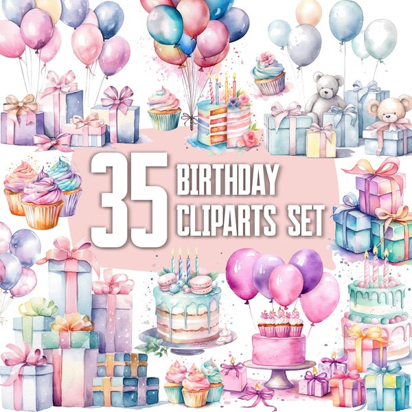 35 Pastel Birthday Clip Arts, water colour JPEGs, party, bday cake, balloons, presents / gifts, digital download, free commercial use