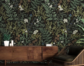 Dark Fern Botanical Wallpaper: Peel and Stick, Textile Vinyl