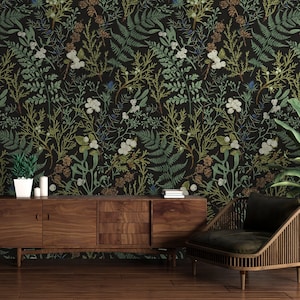 Fern botanische Tapete, dunkle botanische Tapete, botanische Tapete, Farn-Tapete, Tapete zum Abziehen und Aufkleben, Textil-Vinyl-Tapete