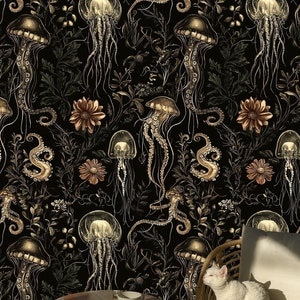 Carta da parati con meduse, carta da parati adesiva e tradizionale, decorazioni per pareti da bagno scure, decorazioni per pareti rimovibili e adatte agli inquilini, design oceanico