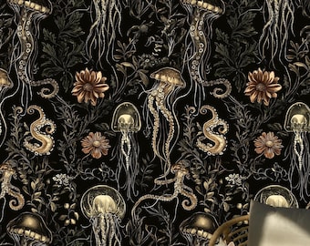 Jellyfish Wallpaper, Peel Paste and Traditional Wallpaper, Dark Bathroom Wall Decor, Removable and Tenant-Friendly Wall Decor, Ocean Design