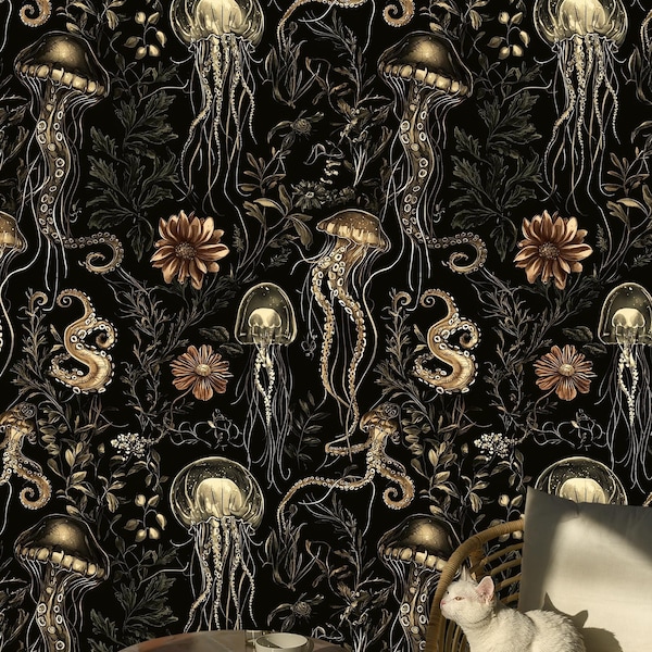 Jellyfish Wallpaper: Dark Ocean Design, Removable Wall Decor