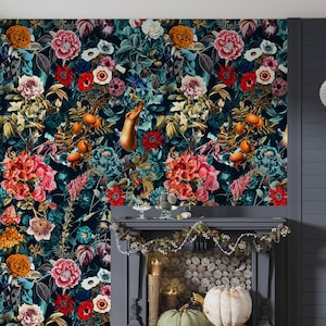 Dark Garden Wallpaper, Floral Wall Mural,  Peel and Stick Wallpaper, Textile vinyl wallpaper