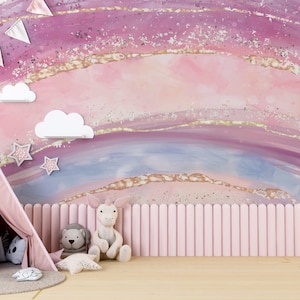Kids wallpaper, Watercolor  Wallpaper, Pink wallpaper, Mural, Nursery, Peel and Stick Wallpaper, Textile vinyl wallpaper