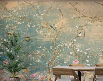 Chinoiserie Birds and Flowers Wallpaper: Vintage Japanese Style, Peel and Stick