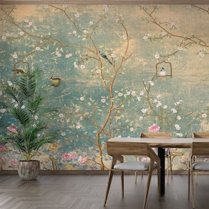 Chinoiserie Wallpaper, Japanese Wallpaper, Vintage Wallpaper, Birds and Flowers, Peel and Stick, Textile Vinyl, Wall Decoration Removable