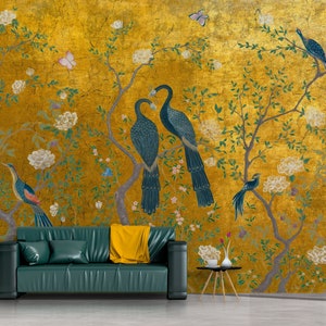 Carta da parati Chinoiserie, carta da parati Vintage, murale di pavoni, uccelli e fiori, stacca e attacca, carta da parati in vinile tessile,