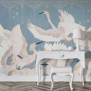 Chinoiserie  art wallpaper, Blue Heron Print Wallpaper, Japanese Crane Inspired by Chinoiserie  Art Wallpaper, Peel and Stick,  Removable