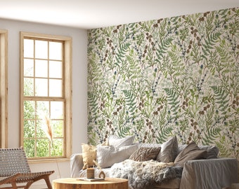 Fern Botanical Wallpaper: Green Eucalyptus, Boho Style, Peel and Stick