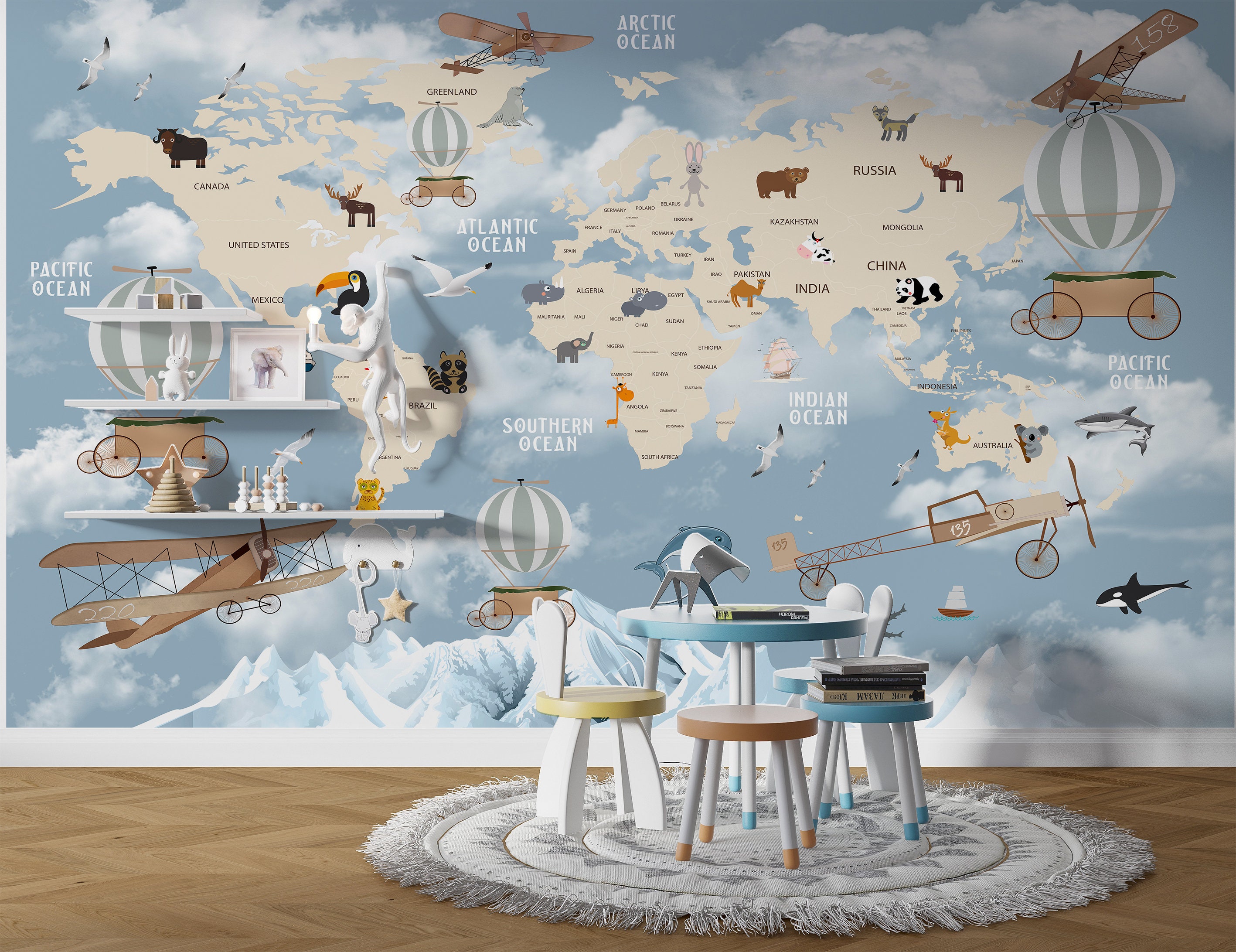 Blue Children's Map Wallpaper Removable Selfadhesive World Map Mural