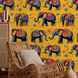 Carta da parati con elefanti colorati, carta da parati con motivo a elefanti indiani, carta da parati murale boho staccabile e attaccabile, carta da parati murale con elefanti stravaganti staccabile e attaccabile