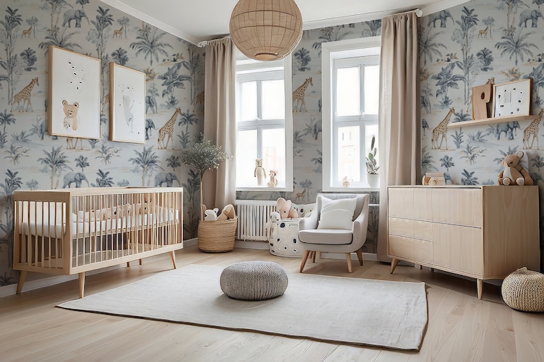 Safari Nursery Wallpaper: Giraffes and Elephants, Peel and Stick Canvas ...