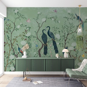 Grüne Chinoiserie Tapete, Vintage Tapete, Pfauentapete, Vögel und Blumen, Schälen und aufkleben, Textil-Vinyl-Tapete, abnehmbar