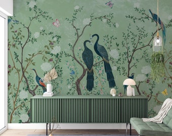 Grüne Chinoiserie Tapete: Vintage Pfau, Vögel & Blumen, abnehmbar