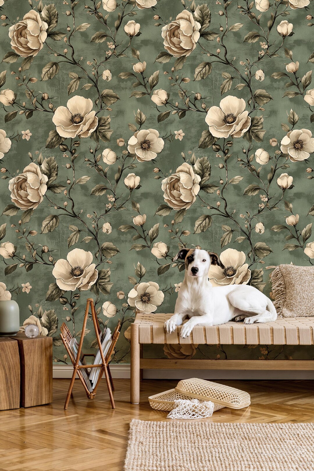 Vintage Chinoiserie Floral Wallpaper: Serene Green Peel and Stick - Etsy