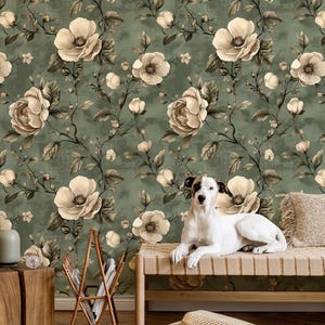 Vintage Chinoiserie Peel and Stick Wallpaper, Serene Green Floral Wallpaper, Chinese Style Floral, Vintage Floral Pattern, Textile Wallpaper