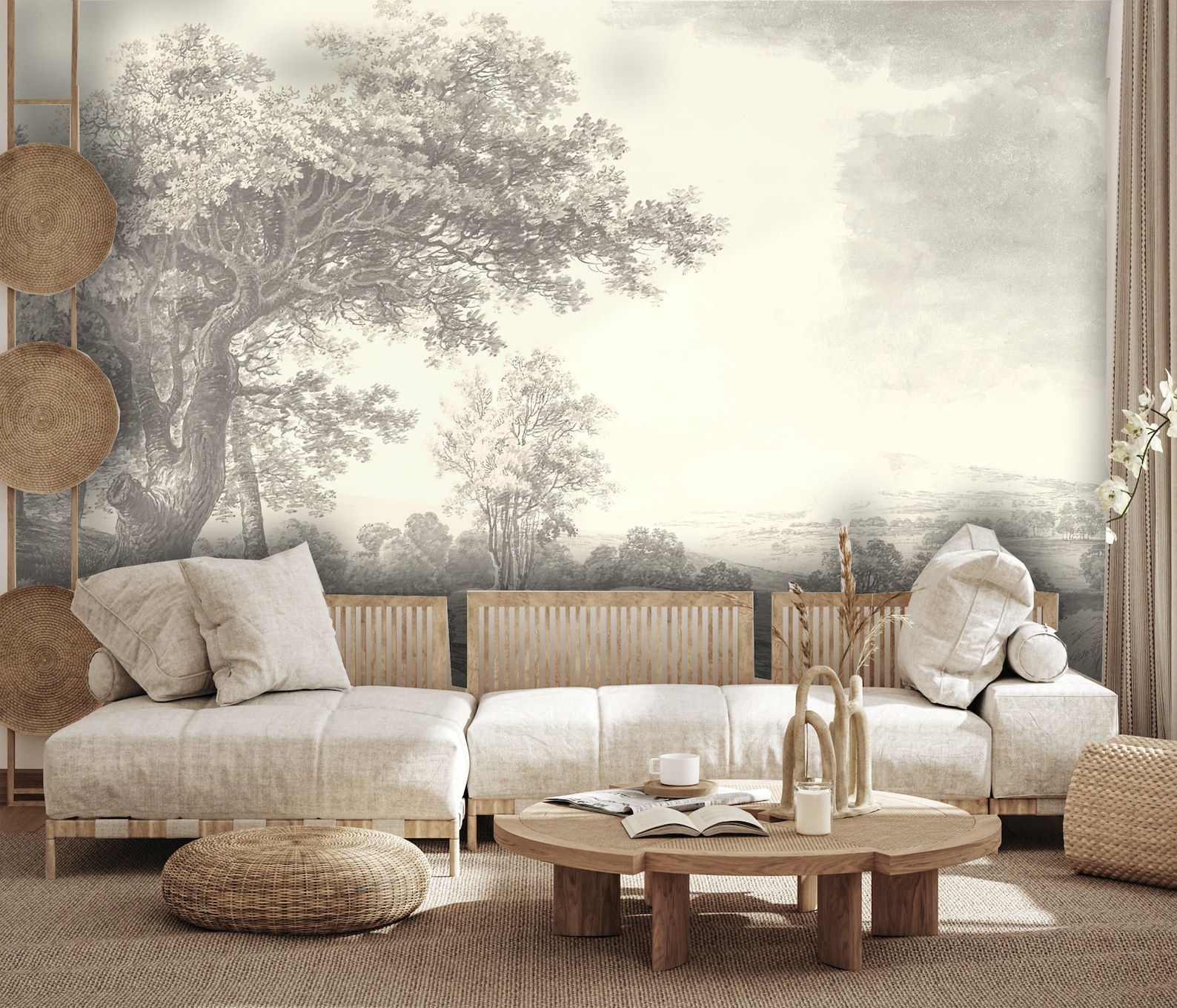 Beige Tree Landscape Wallpaper: Watercolor Scenic Rural Design - Etsy