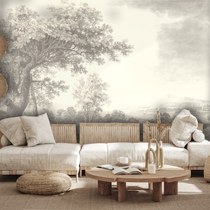 Beige Tree Landscape Wallpaper: Watercolor Scenic Rural Design - Etsy