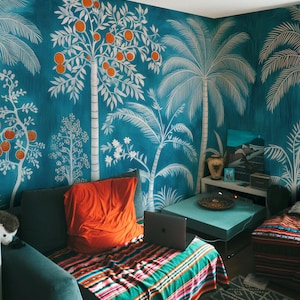 Blue Tropical Palm Tree Wallpaper, Palm Tree Wall Mural, Peel and Stick,  Vintage Tropical Wallpaper, Exotic Palm Tree Wall Mural Removable