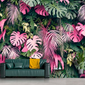 Tropical wall mural with monstera leaves, Leaf wallpaper,  Peel and Stick Wallpaper, Textile vinyl wallpaper