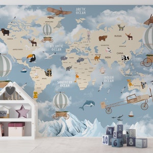 Blauw kinderkaartbehang verwijderbare zelfklevende wereldkaart muurschildering muurschildering kleine dieren behang kinderkamer textiel vinylbehang