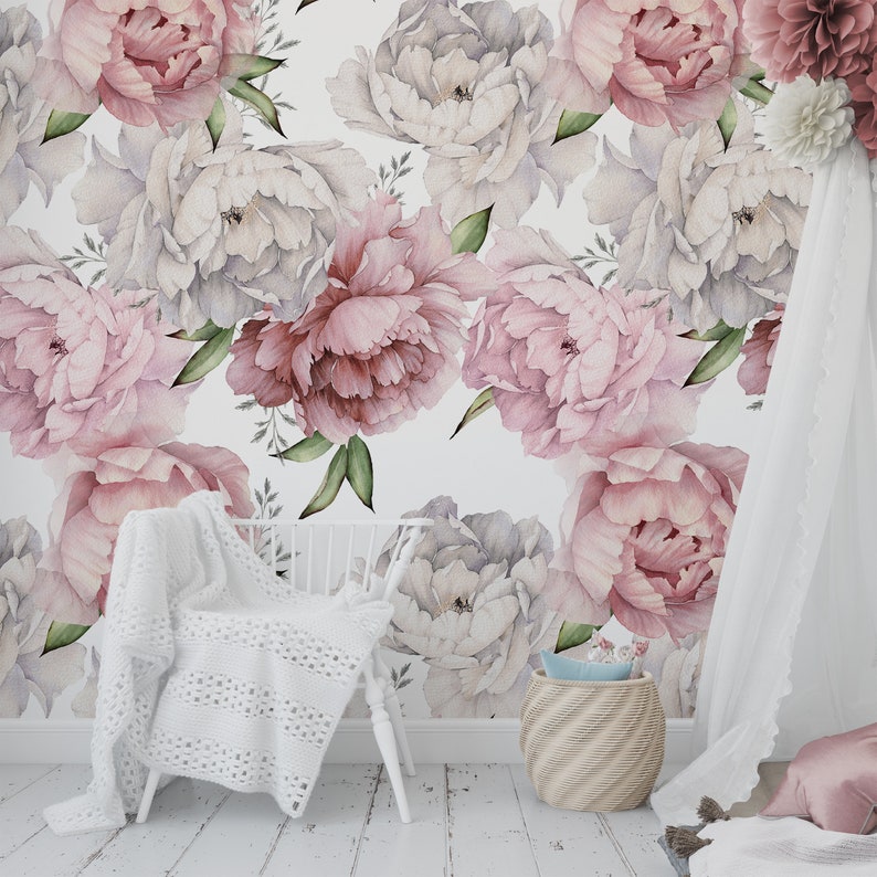 Watercolor Peony Wallpaper: Pink Floral Mural, Peel and Stick - Etsy