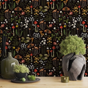 Dark Wallpaper, Forest Wallpaper  Mushroom Wallpaper , Woodland Wallpaper, Remoble Wallpaper, Peel and Stick, Textile Vinyl Wallpaper