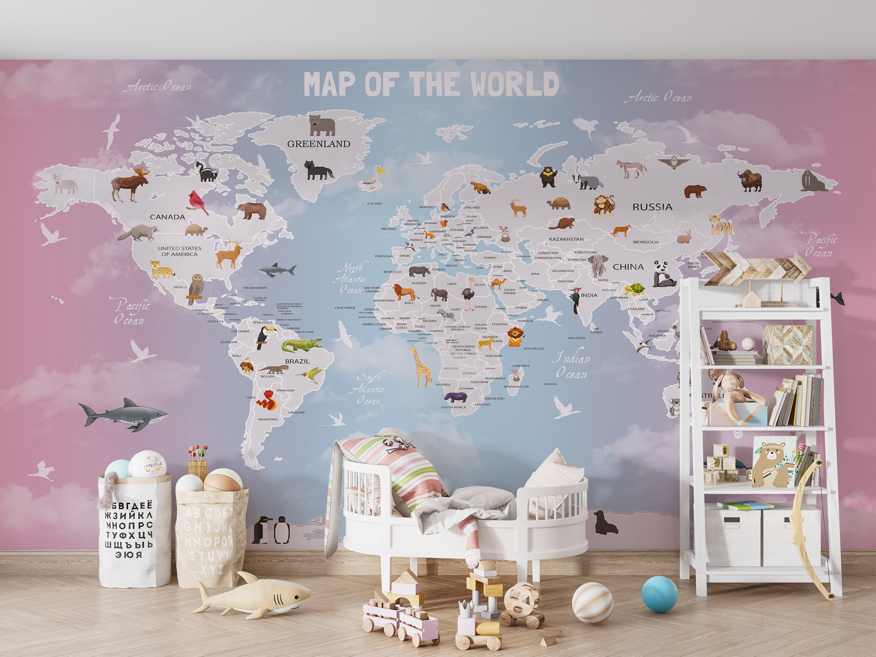 Pink Blue Children's Map Wallpaper Removable Selfadhesive World Map
