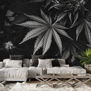 Papier peint feuilles de marijuana noir et blanc, papier peint marijuana, papier peint autocollant, papier peint textile vinyle
