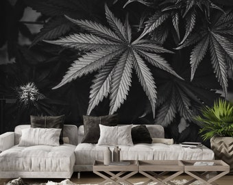 Black and White Marijuana Leaf Wallpaper, Peel and Stick, Textile Vinyl