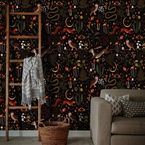 Mushroom Wallpaper, Forest Wallpaper, Dark Wallpaper, Woodland Wallpaper, Remoble Wallpaper, Peel and Stick, Textile Vinyl Wallpaper