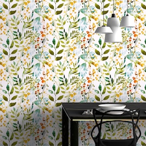 Green Suluboya Yaprak Deseni, Wallpaper Floral, Botanic Plants Wall Mural, Vintage, Botanical Mural, Textile vinyl wallpaper