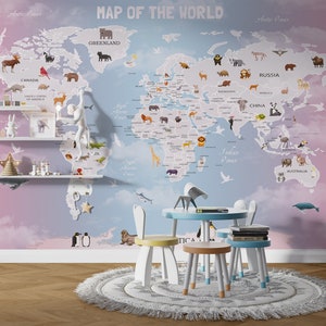 Rosa Blau Kinder Tapete Abnehmbare selbstklebende Weltkarte Wandbild Kleintiere Tapete Kinderzimmer Textile Vinyl-Tapete