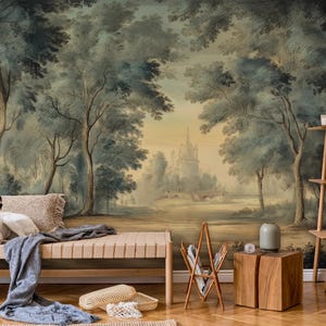 Mural de paisaje de árboles, papel tapiz de paisaje rural vintage, papel tapiz escénico con pintura de acuarela, papel tapiz rural, despegar y pegar