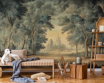 Mural de paisaje con árboles vintage: papel pintado escénico de acuarela, despegable y pegable